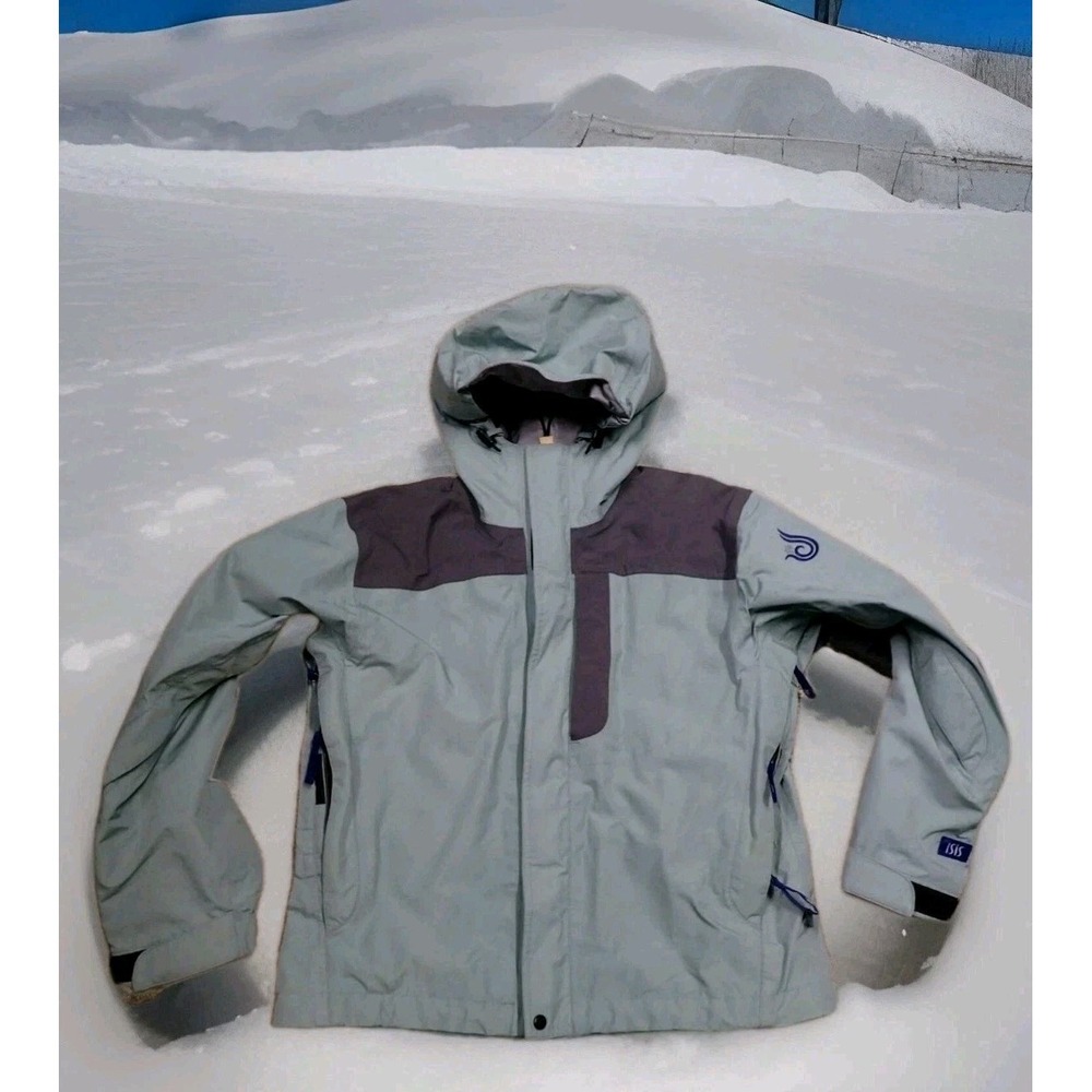 Isis Technical Shell Jacket Womens 10 Gray Green Good Waterproof Hooded Hiking